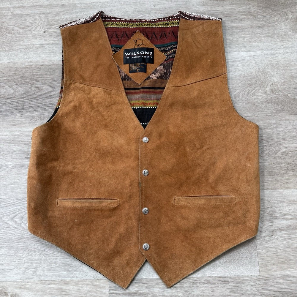 VTG Wilsons Aztec Brown 100% Suede Leather Button Pocket Vest Mens XL *FITS SZ L